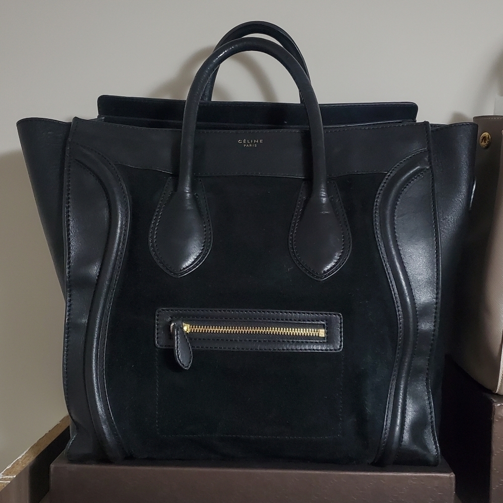 Authentic Celine Paris Black suede leather Luggage Tote bag